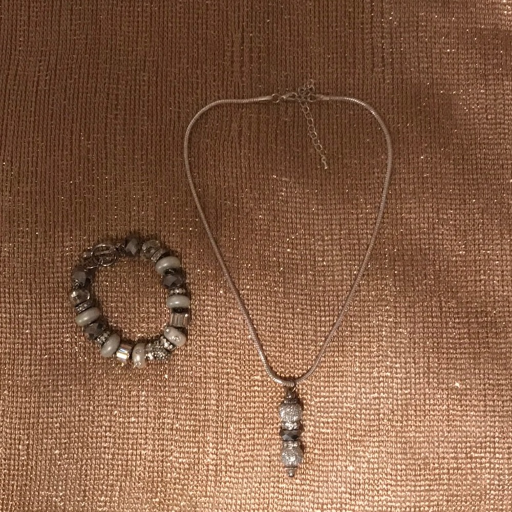 Silver Pendant Necklace, matching Beaded Bracelet